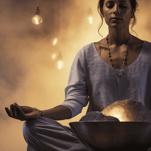 Nainen meditoi ja harjoittaa energiahoitoja rauhallisessa ympäristössä.